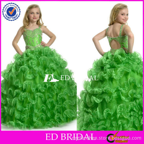 LBF030 New Come Spaghetti straps beaded bodice Ruffled Skirt Puffy Organza Long flower girl dress